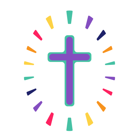purple cross surrounded by colorful dash marks arranged in an oval pattern