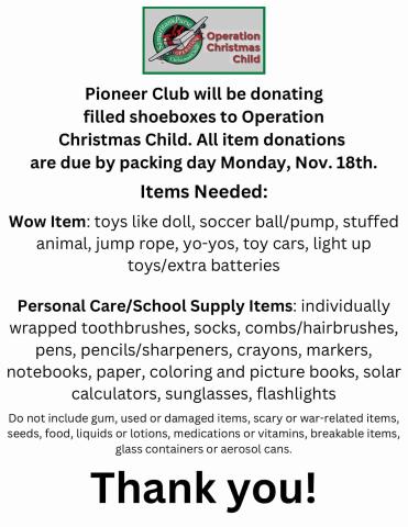 flyer giving information for items to be donated to Operation Christmas Child if you need visual assistance please contact the church office