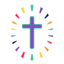 purple cross surrounded by colorful dash marks arranged in an oval pattern
